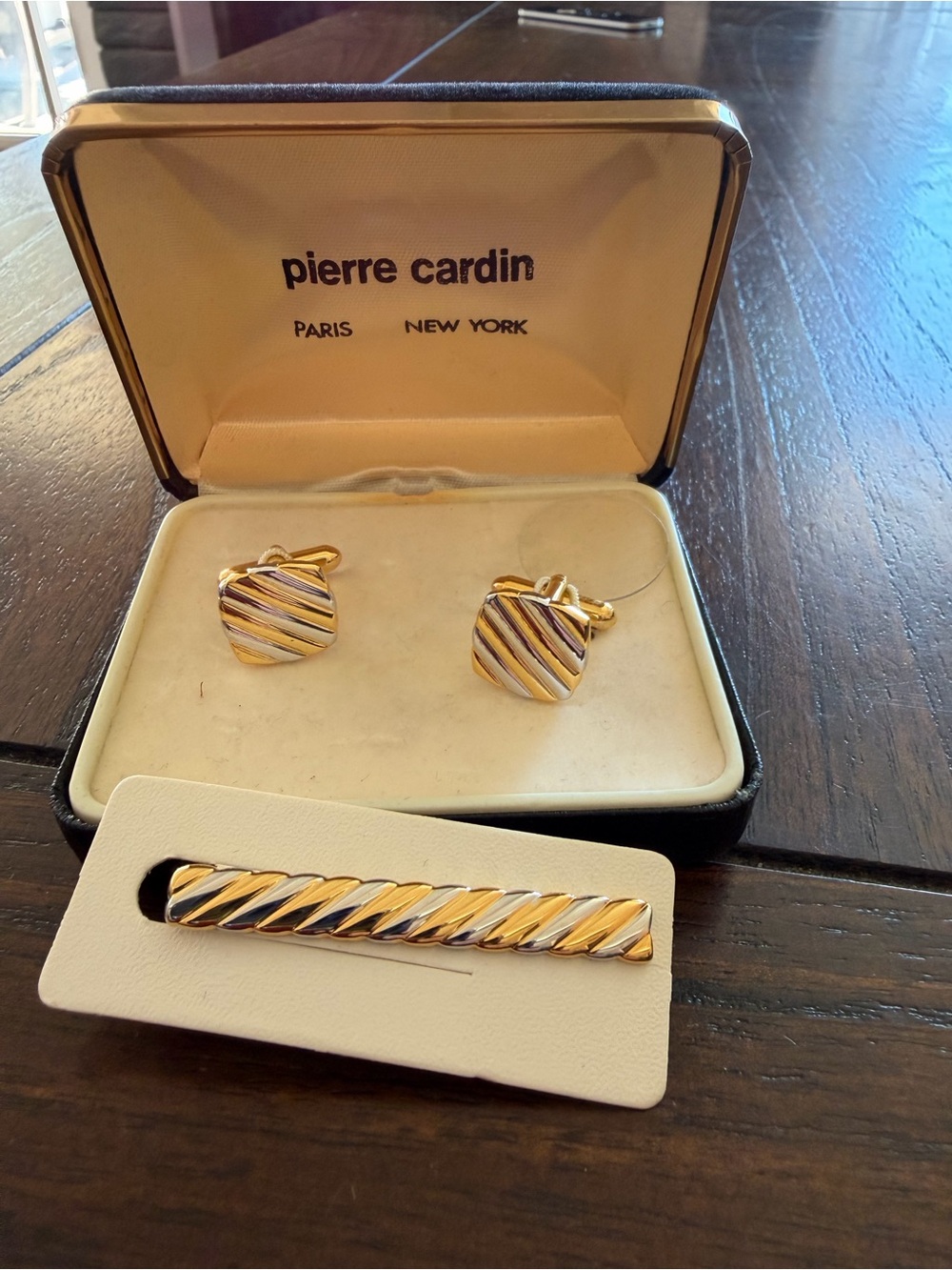 Pierre Cardin Gold and Silver Diagonal Stripe Cufflinks with Tie Bar